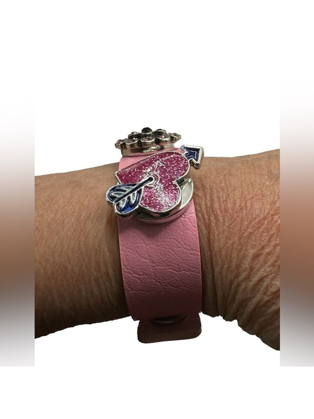 Pink Leather Snap Jewelry Bracelet w/ Flower    Snap & Two Pink Valentine Hearts